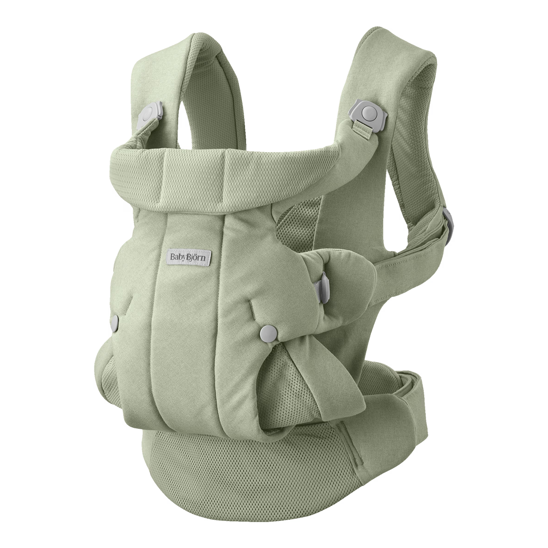Sage green baby carrier with padded straps and adjustable buckles, designed for comfortable and secure carrying of infants.