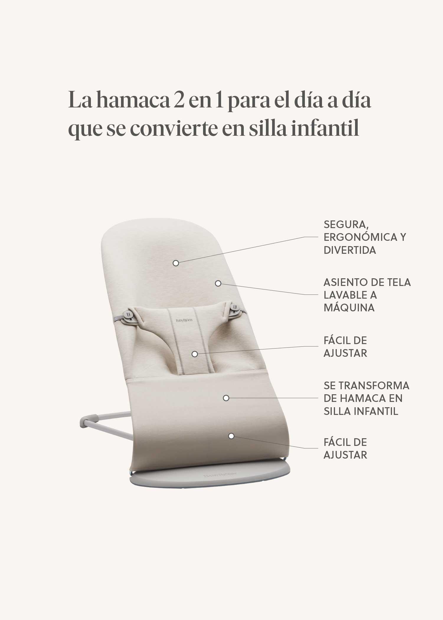 Beige baby bouncer chair with text describing features: ergonomic, washable cover, adjustable, and convertible to child seat.