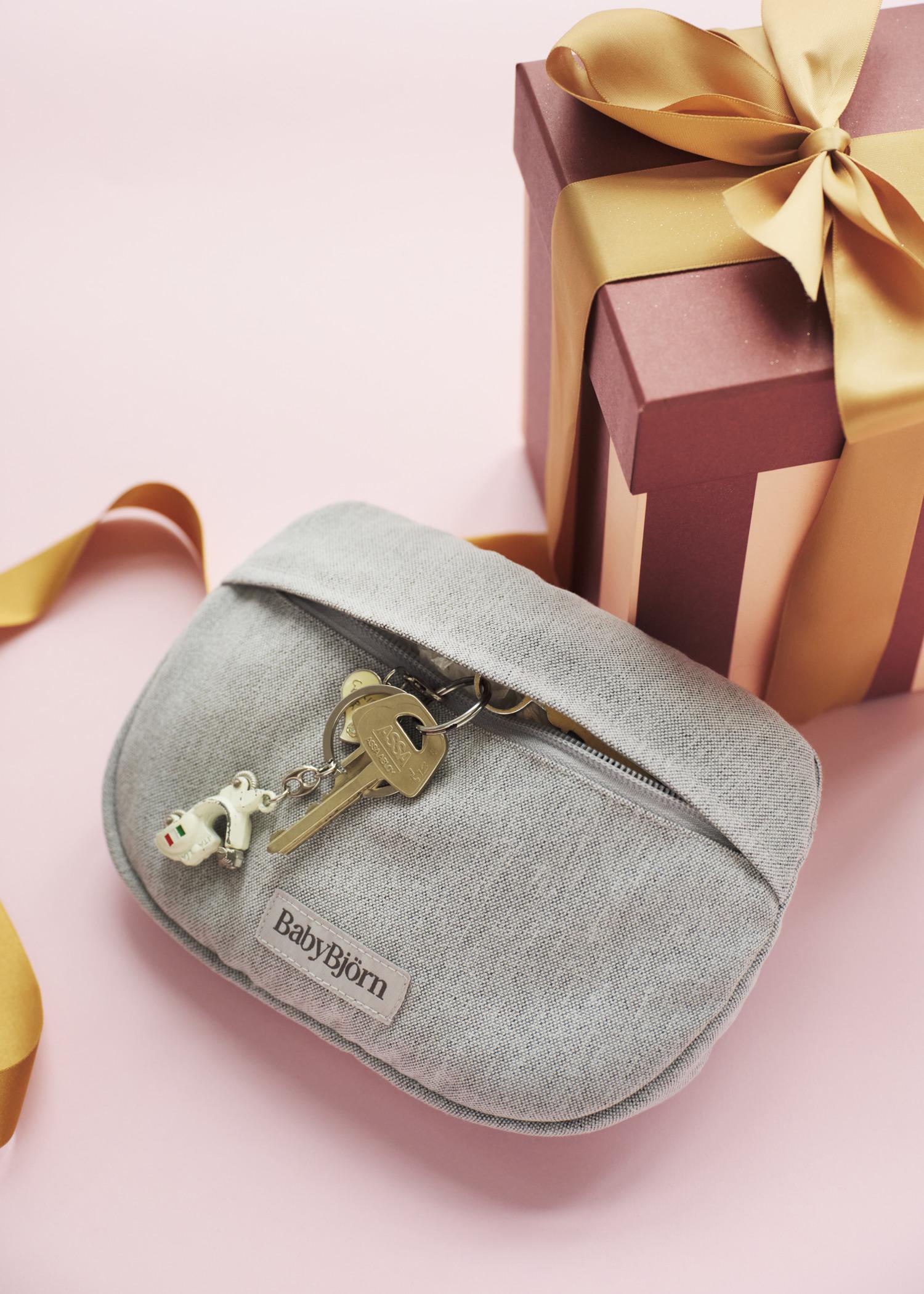Gray BabyBjörn pouch with a keychain and keys on top, next to a pink and gold gift box with a ribbon on a pink background.