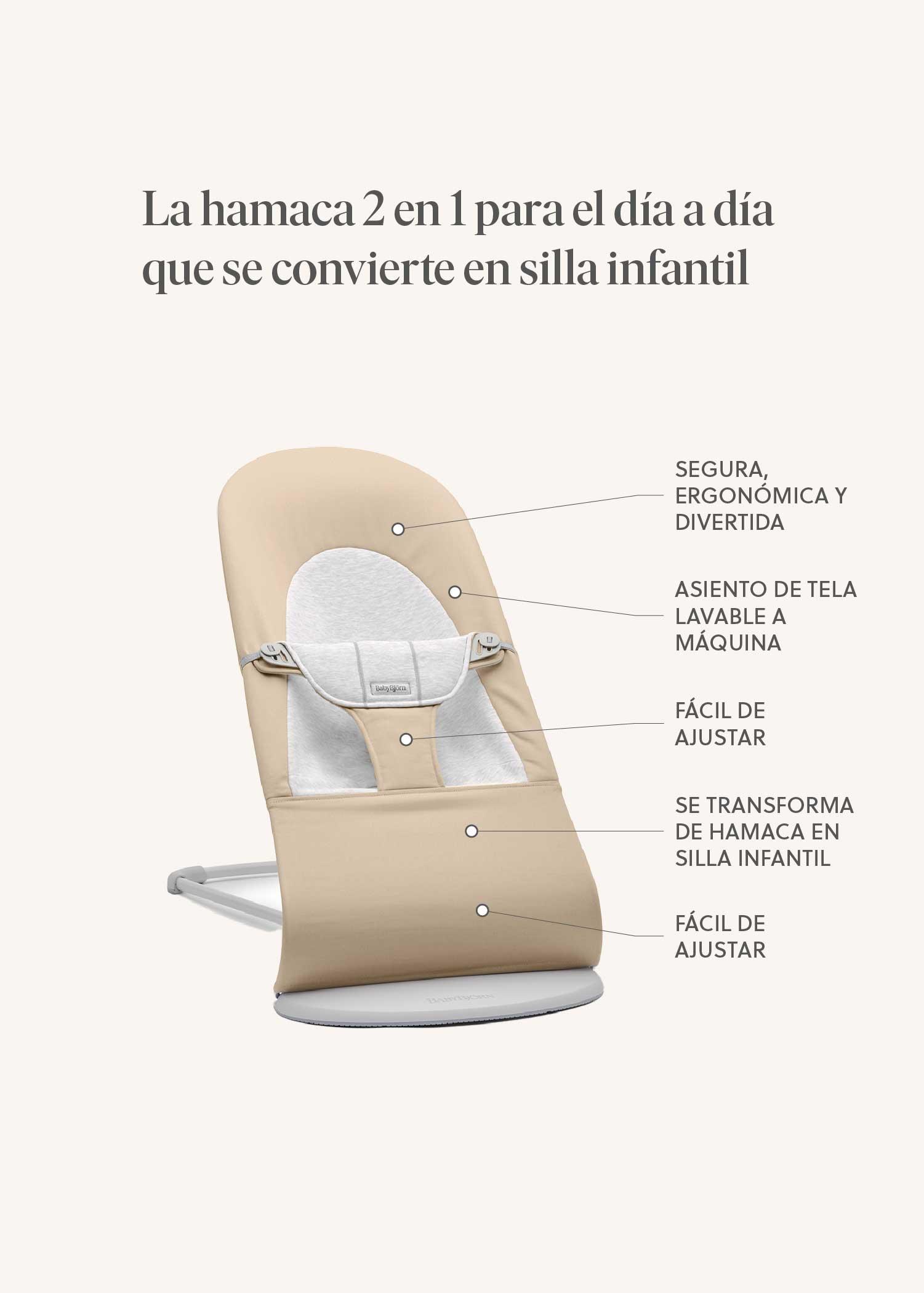 Beige convertible baby rocker and chair with washable fabric and ergonomic design. Features labeled in Spanish for comfort, adjustability, and transformability.